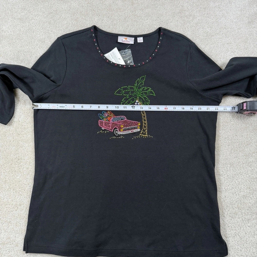 Quacker Factory Rhinestone Embellished Tshirt Women Large Black Palm Tree Car - Picture 5 of 10